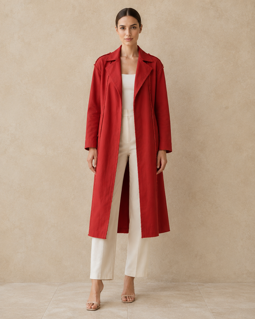 ONORA Corliss Exposed-Seam Long Trench Coat — full length front, Red