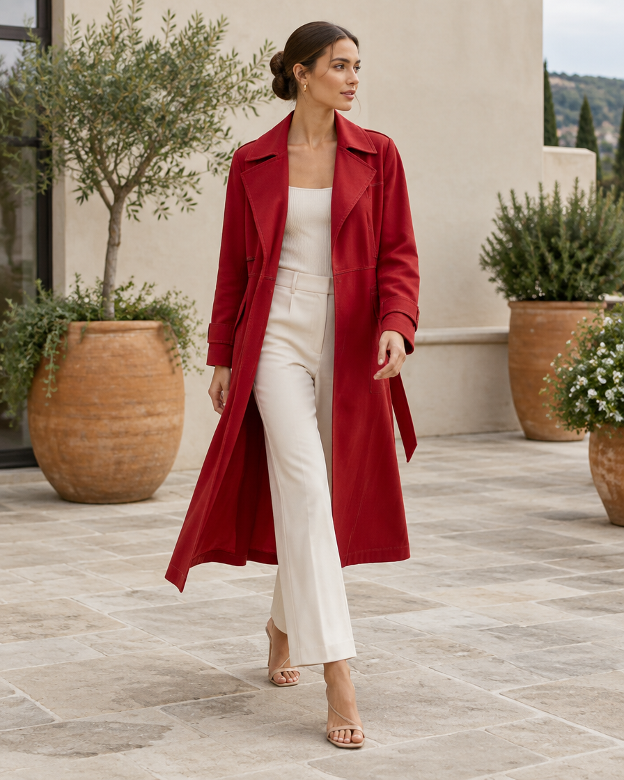 ONORA Corliss Exposed-Seam Long Trench Coat — worn on a villa terrace