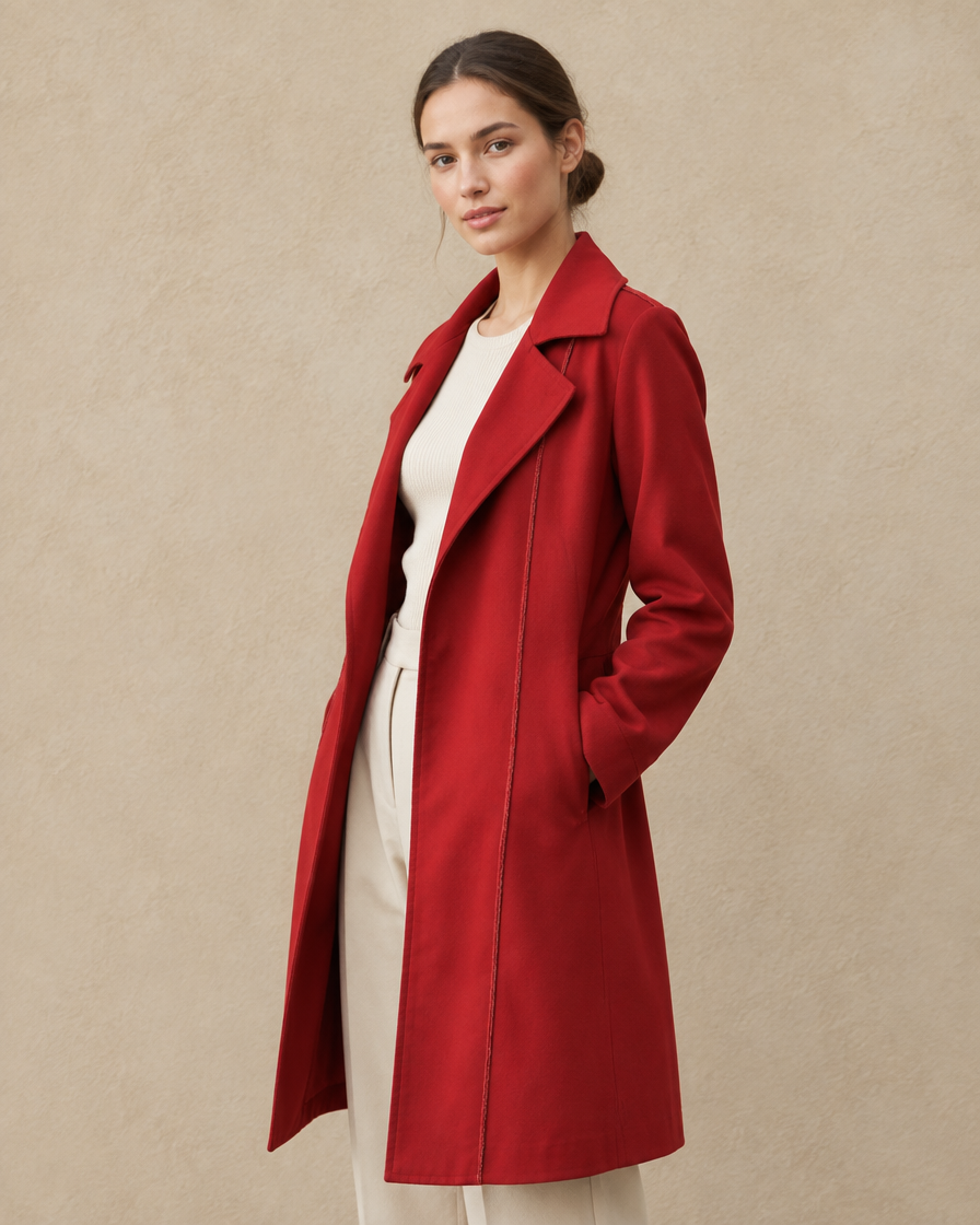 ONORA Corliss Exposed-Seam Long Trench Coat — three-quarter view