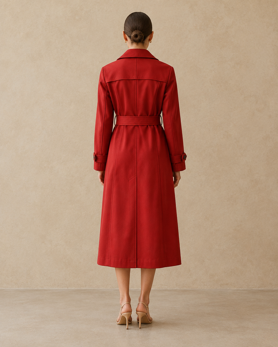 ONORA Corliss Exposed-Seam Long Trench Coat — full length back