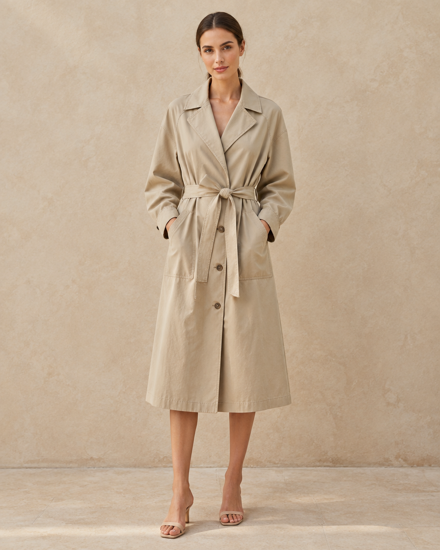 ONORA Trench Coat Casual Vintage Style — full length front, Beige