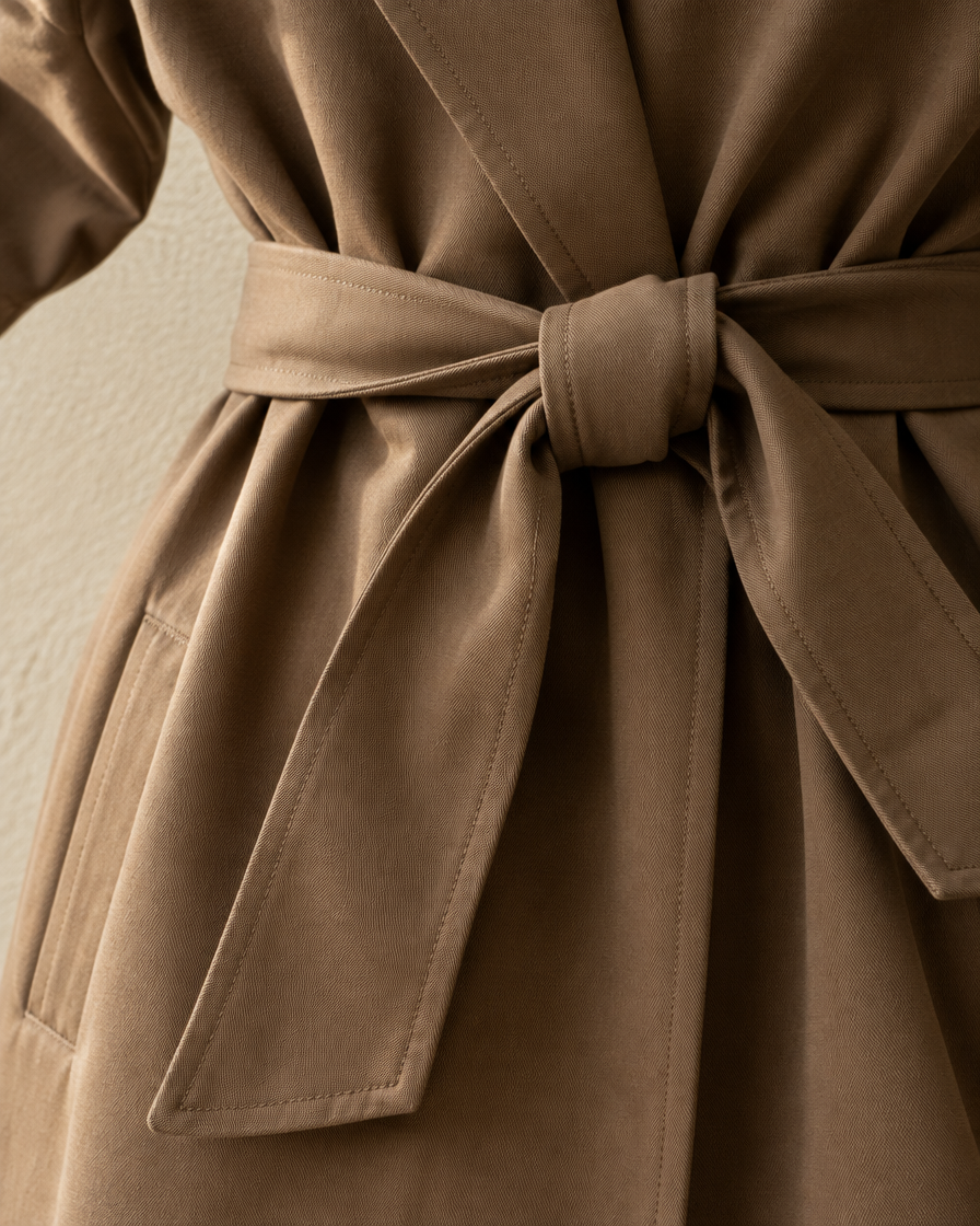 ONORA Long Trench Coat with Patchwork Collar — belt knot detail
