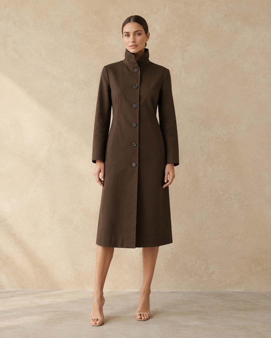 ONORA Stand-Collar Trench Coat — full length front, Dark Brown