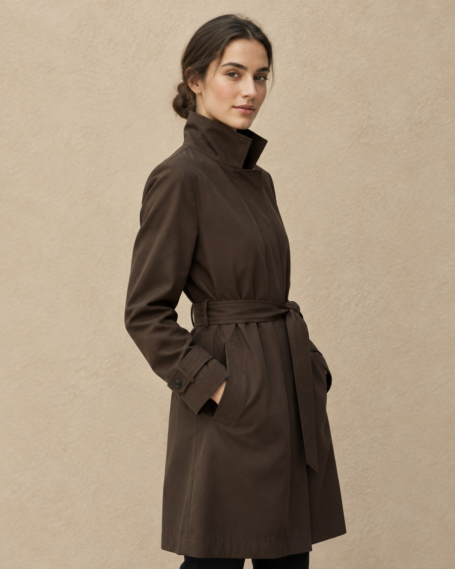 ONORA Stand-Collar Trench Coat — three-quarter view