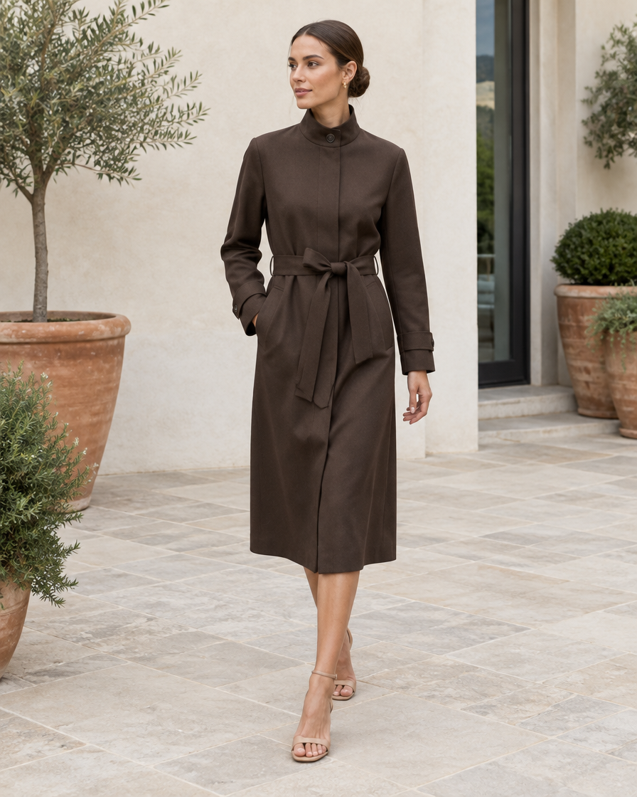 ONORA Stand-Collar Trench Coat — worn on a villa terrace