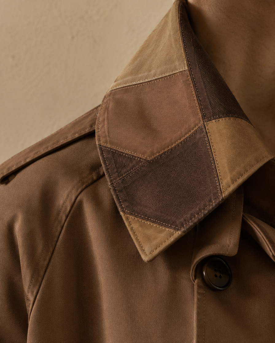 ONORA Long Trench Coat with Patchwork Collar — patchwork collar detail