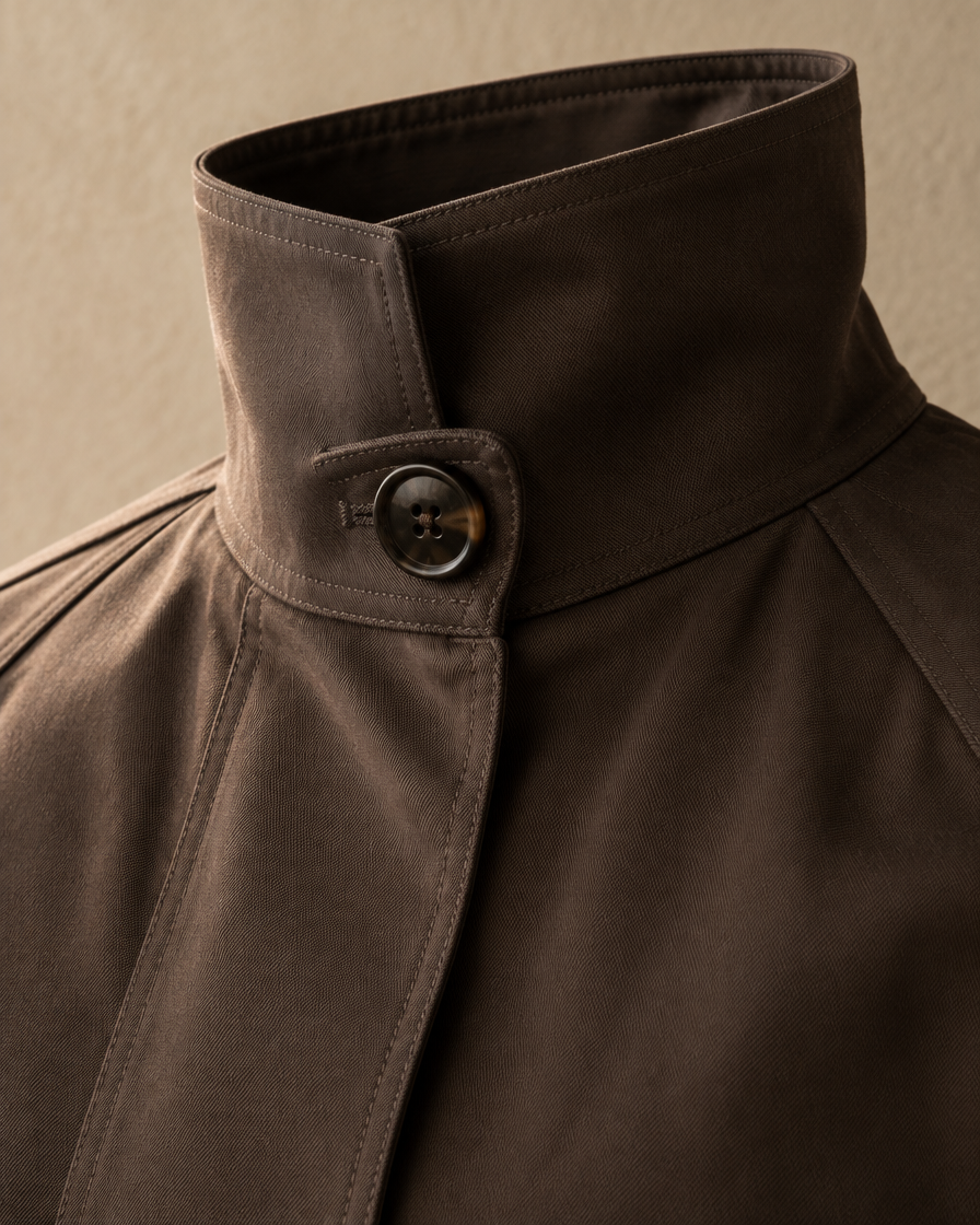 ONORA Stand-Collar Trench Coat — stand collar detail