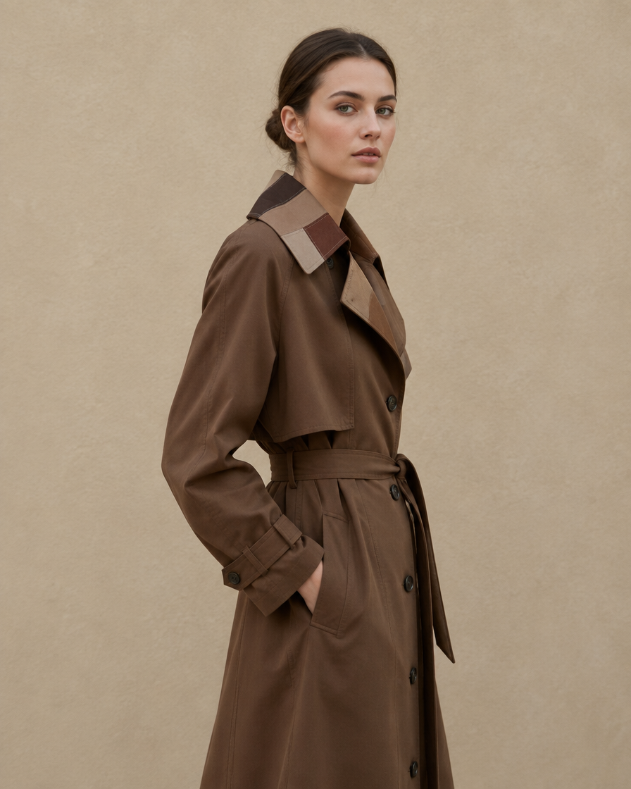 ONORA Long Trench Coat with Patchwork Collar — three-quarter view