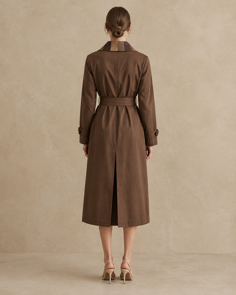 ONORA Long Trench Coat with Patchwork Collar — full length back