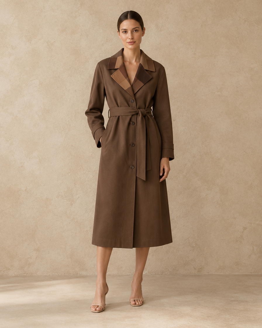 ONORA Long Trench Coat with Patchwork Collar — full length front, Brown