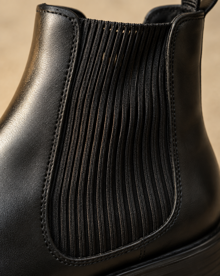 Pointed Toe Chelsea Boots with Block Heel — ribbed elastic panel detail