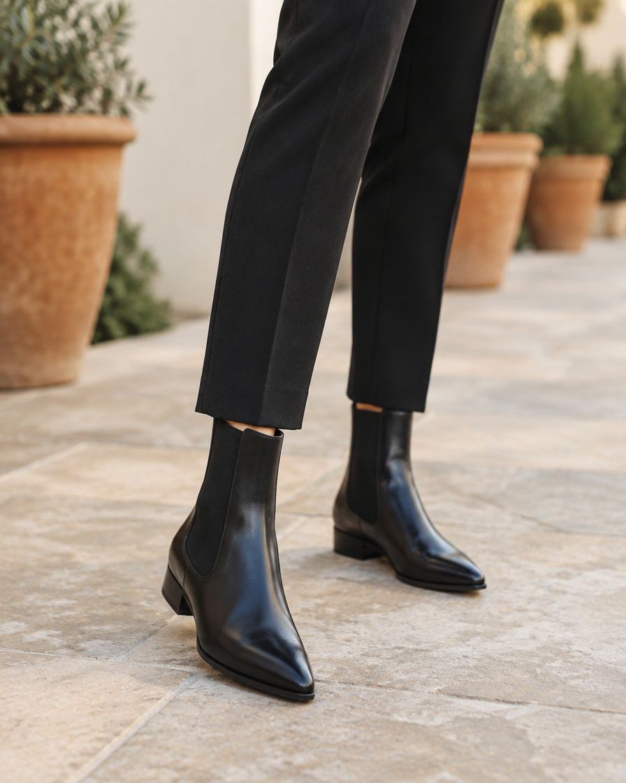 Pointed Toe Chelsea Boots with Block Heel — worn outdoors
