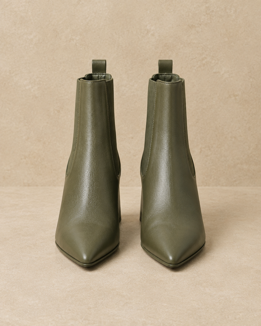 Pointed Toe Chelsea Boots with Block Heel — Khaki