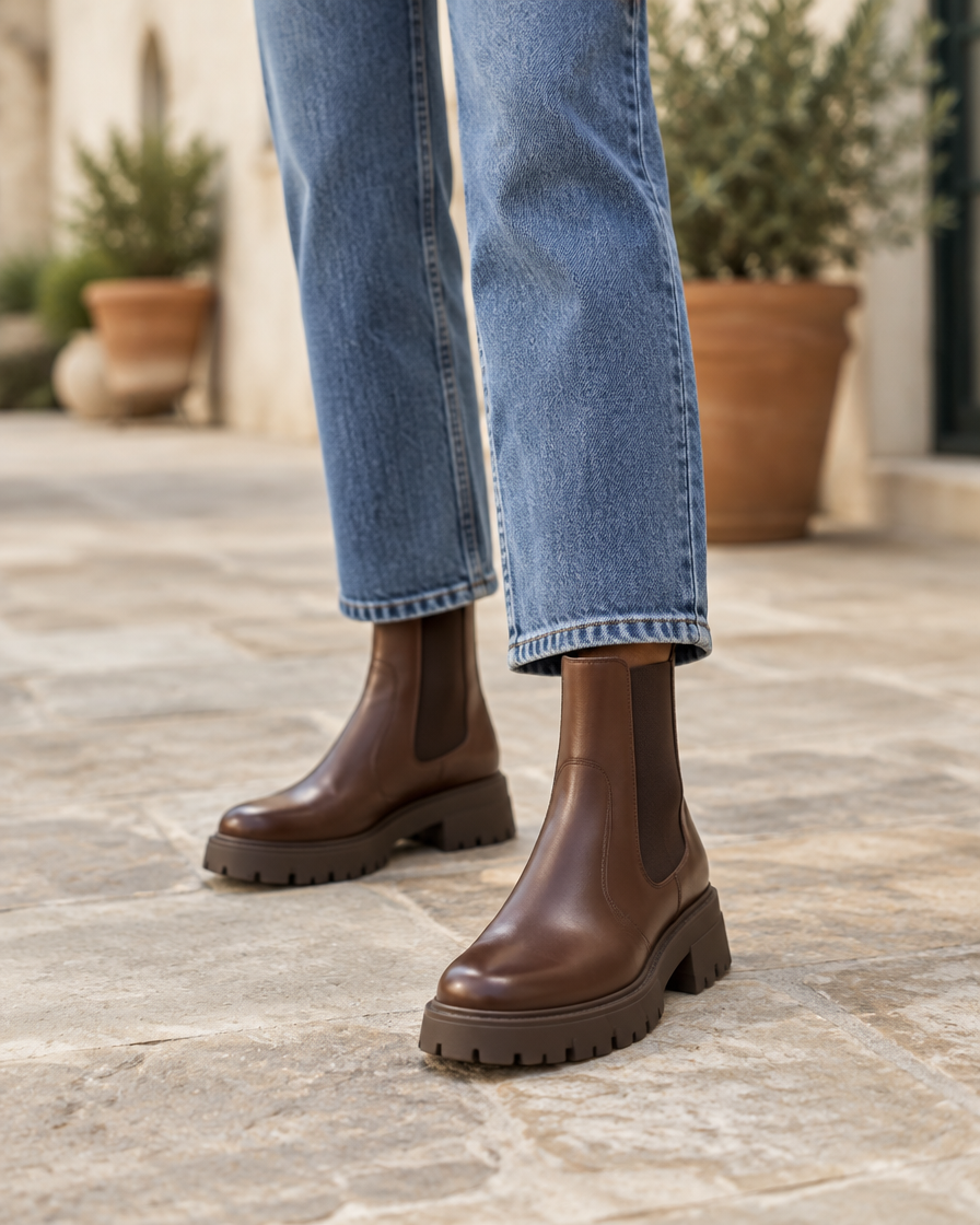 Block Heel Chelsea Boots with Lug Sole — worn outdoors