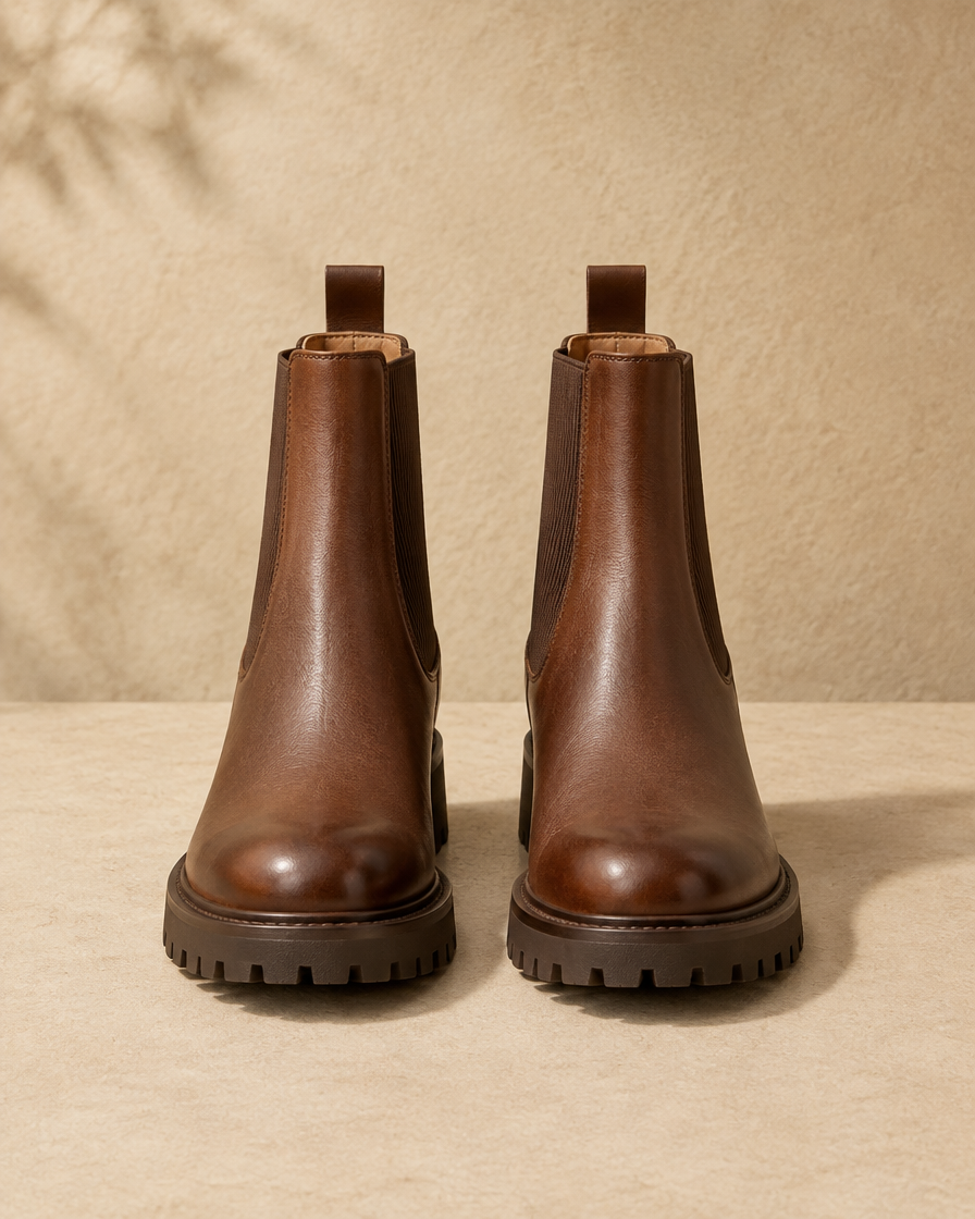 Block Heel Chelsea Boots with Lug Sole — pair, front view