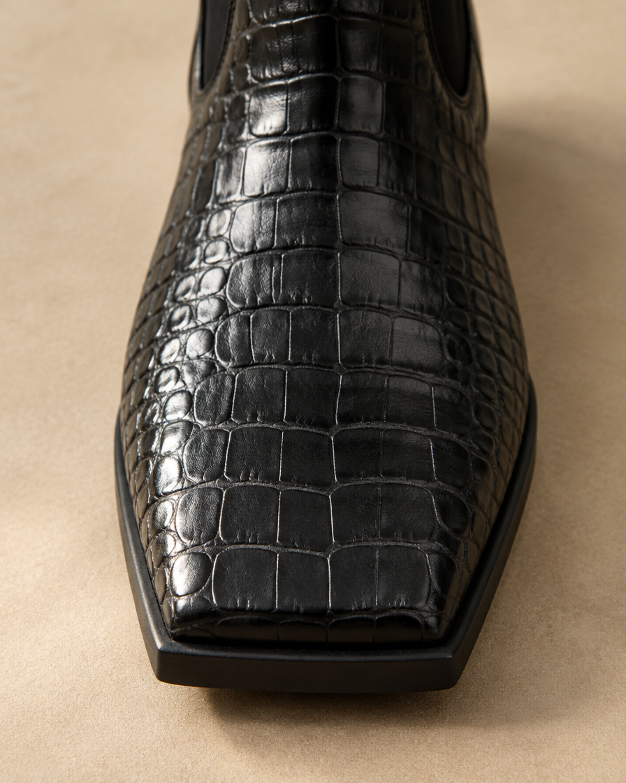 Crocodile Embossed Chelsea Boots with Square Toe — square toe detail