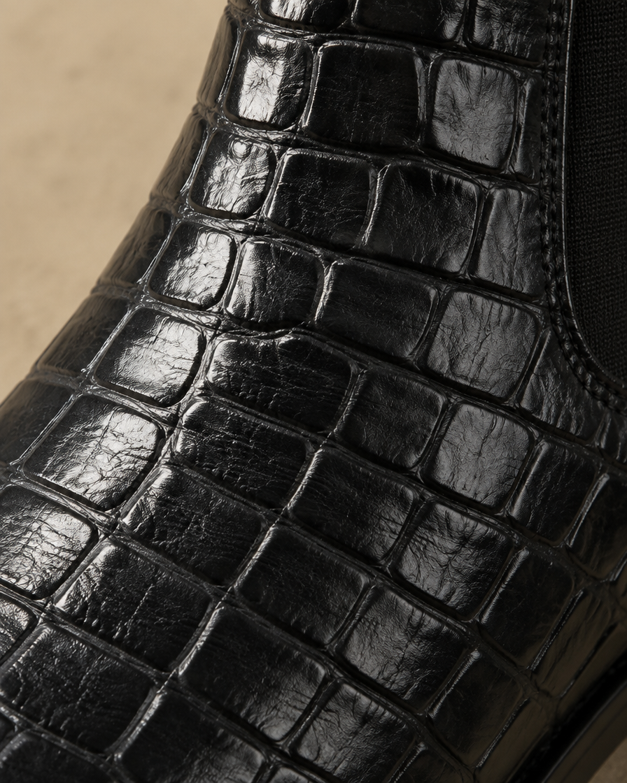 Crocodile Embossed Chelsea Boots with Square Toe — crocodile embossing detail