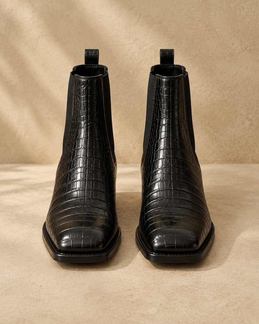 Crocodile Embossed Chelsea Boots with Square Toe — pair, front view