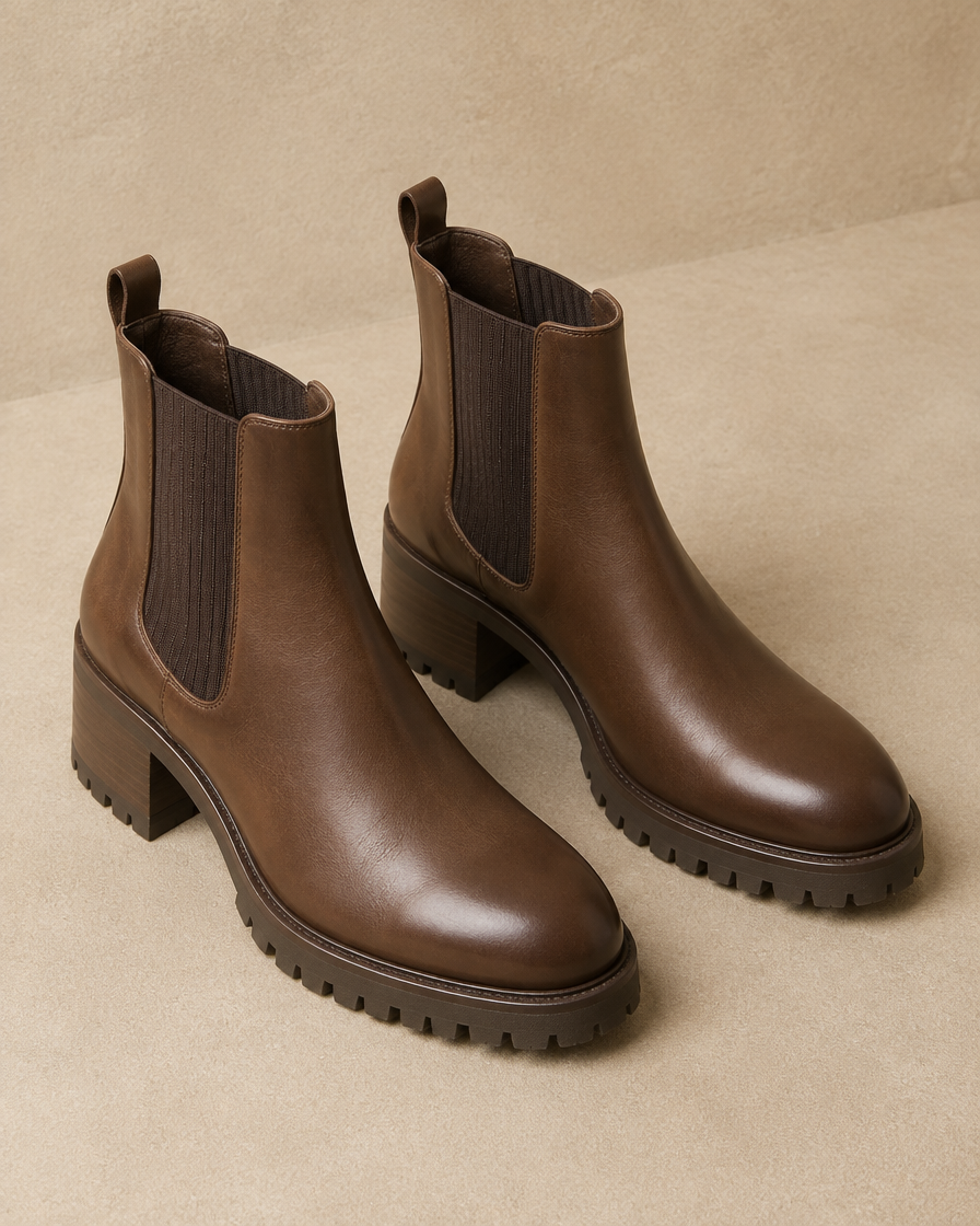 Block Heel Chelsea Boots with Lug Sole — three-quarter view