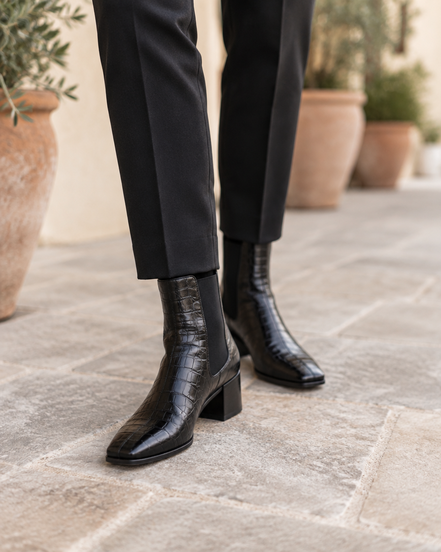 Crocodile Embossed Chelsea Boots with Square Toe — worn outdoors