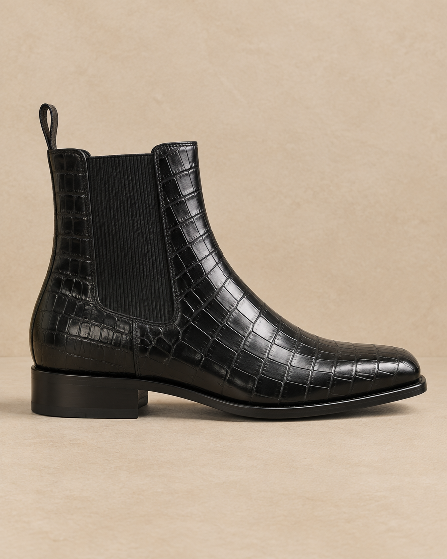 Crocodile Embossed Chelsea Boots with Square Toe — side profile
