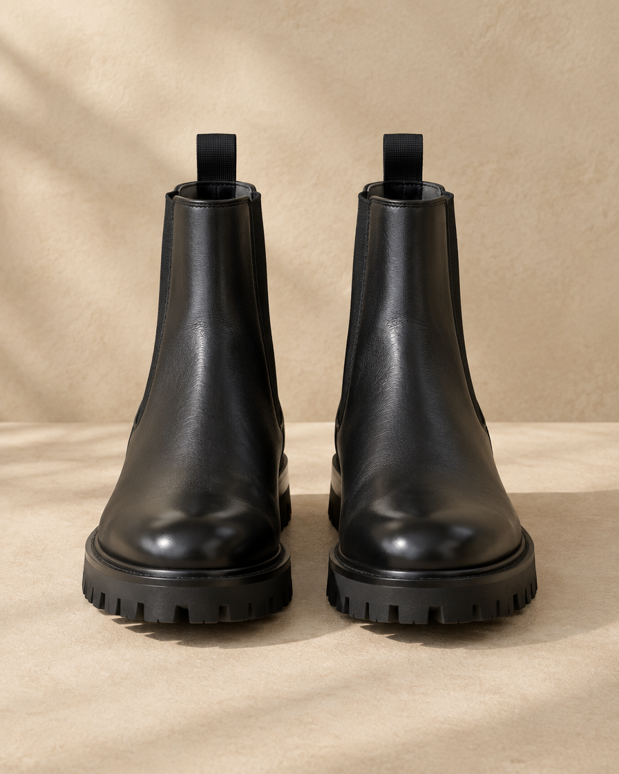 Lug Sole Chelsea Boots with Front and Back Pull Tabs — pair, front view