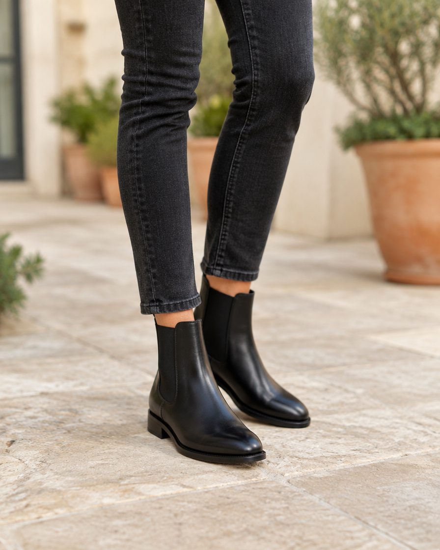 Leather Chelsea Boots with Rounded Toe — worn outdoors