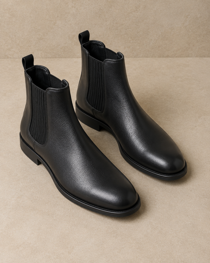 Leather Chelsea Boots with Rounded Toe — three-quarter view
