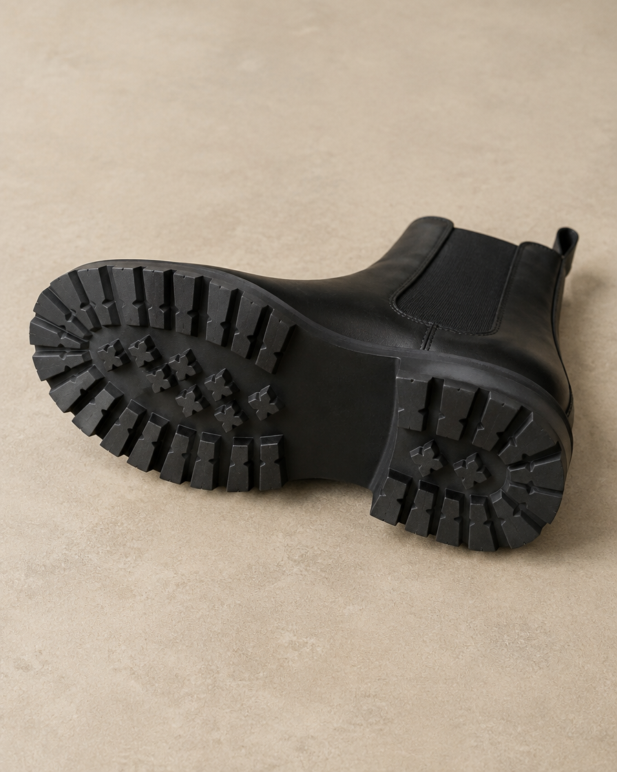 Lug Sole Chelsea Boots with Front and Back Pull Tabs — lug outsole