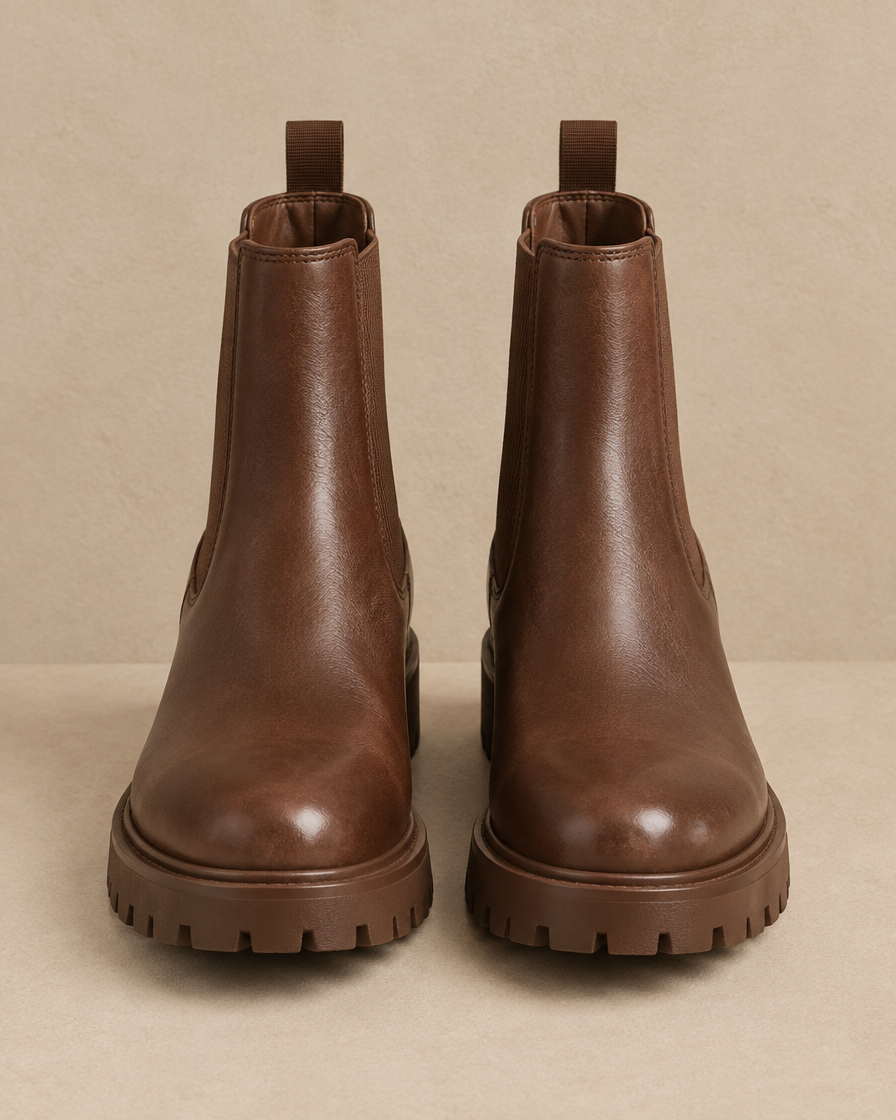 Lug Sole Chelsea Boots with Front and Back Pull Tabs — Brown
