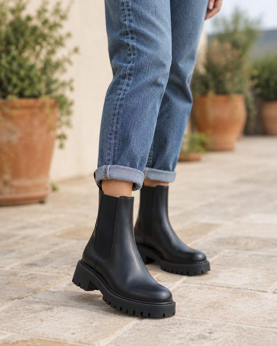 Lug Sole Chelsea Boots with Front and Back Pull Tabs — worn outdoors