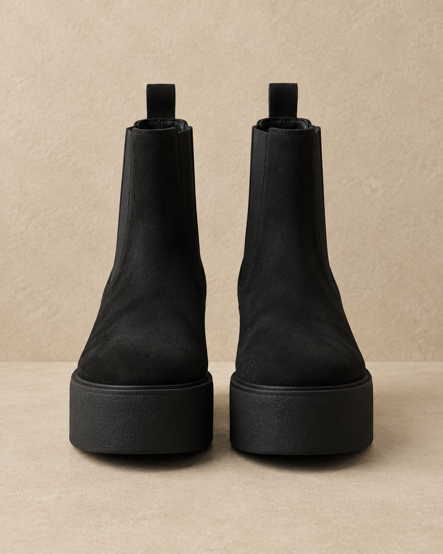 Suede Flatform Chelsea Boots with Pull Tab — Black
