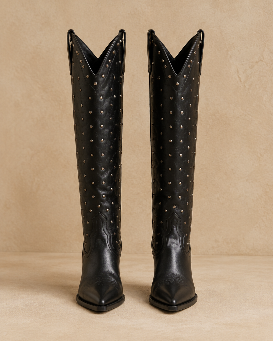 Women's Knee-High Cowboy Boots with Rivet Detail — pair, front view