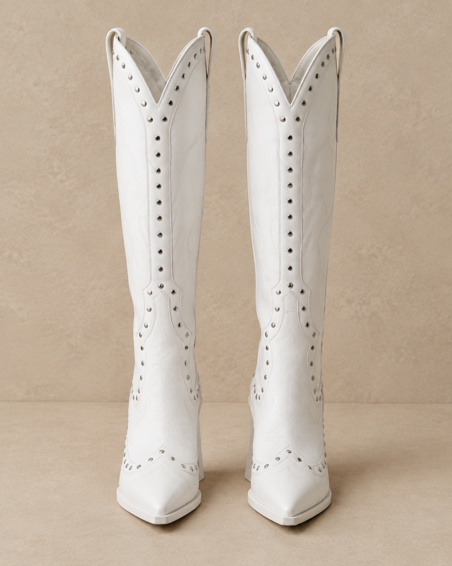 Women's Knee-High Cowboy Boots with Rivet Detail — White