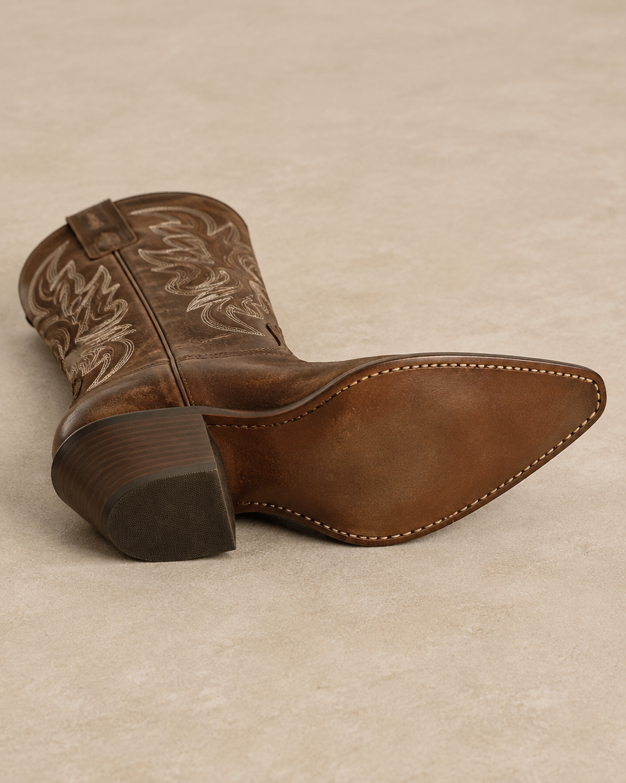Genuine Leather Cowboy Boots with Embroidery — outsole and western heel