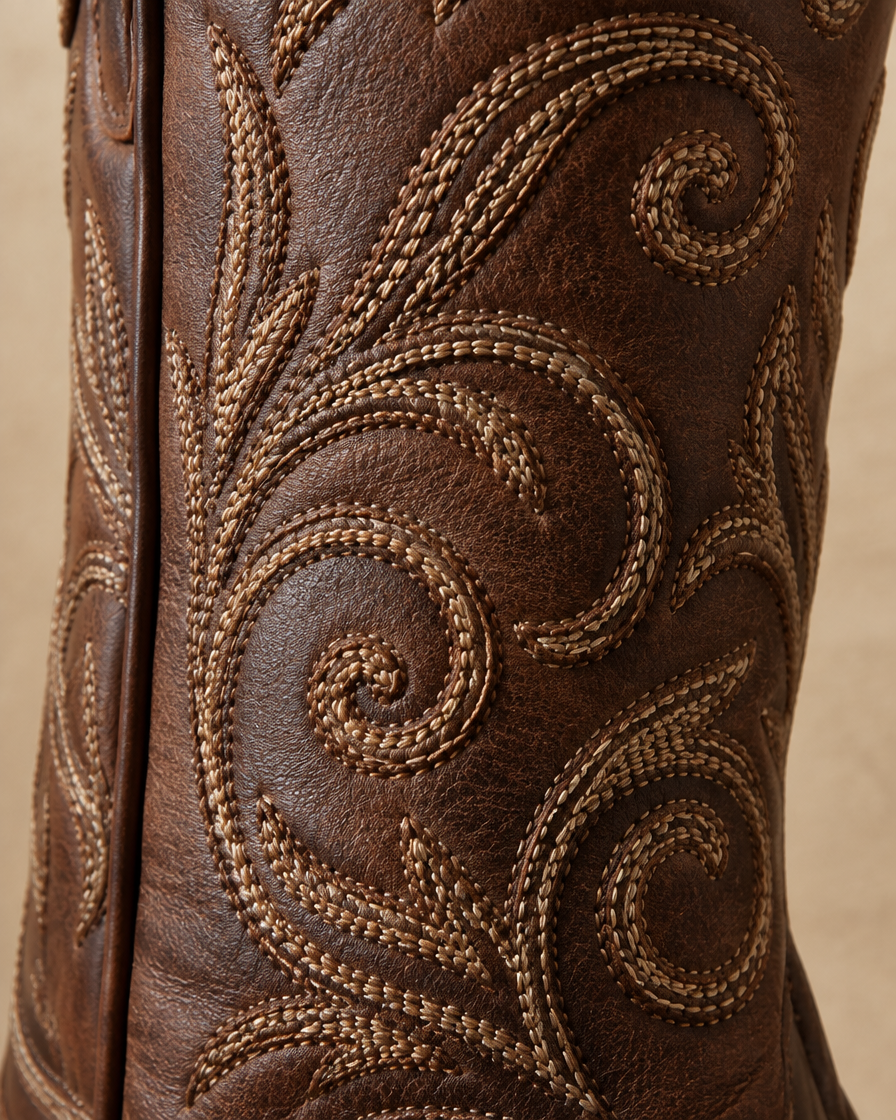 Genuine Leather Cowboy Boots with Embroidery — embroidery detail