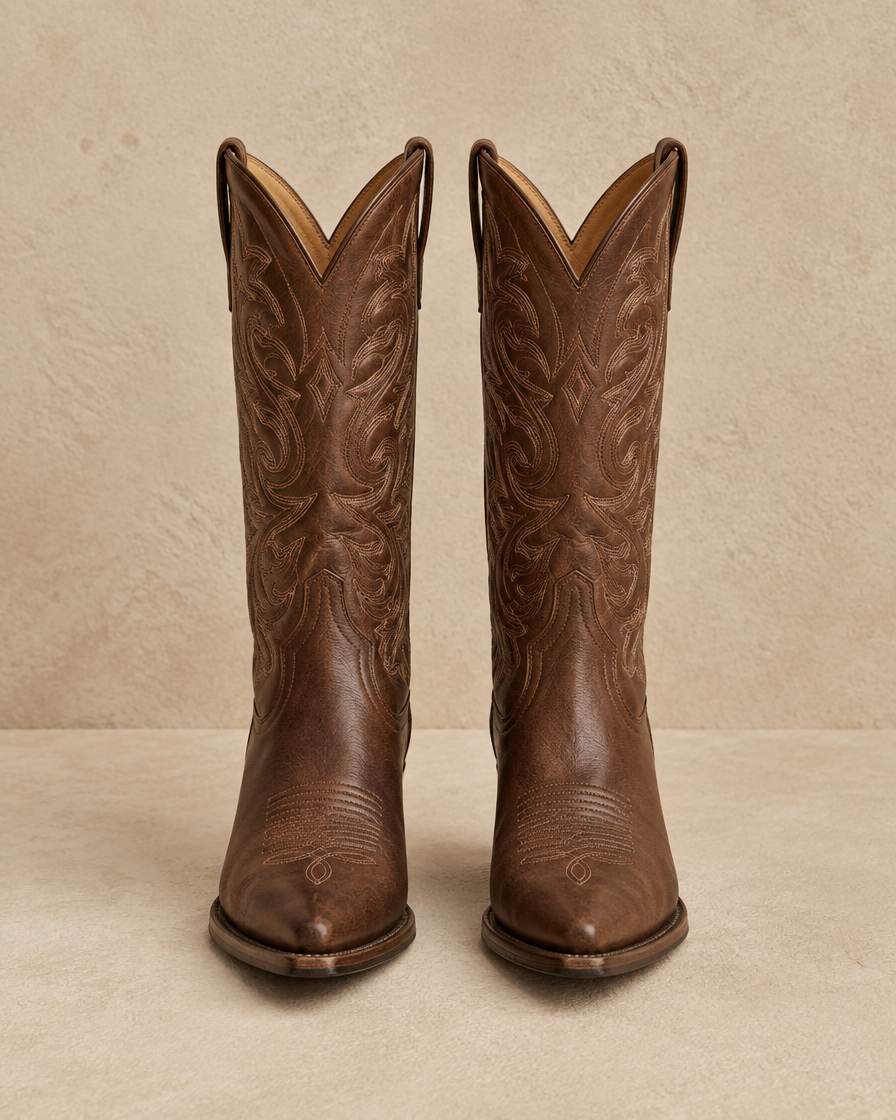 Genuine Leather Cowboy Boots with Embroidery — pair, front view