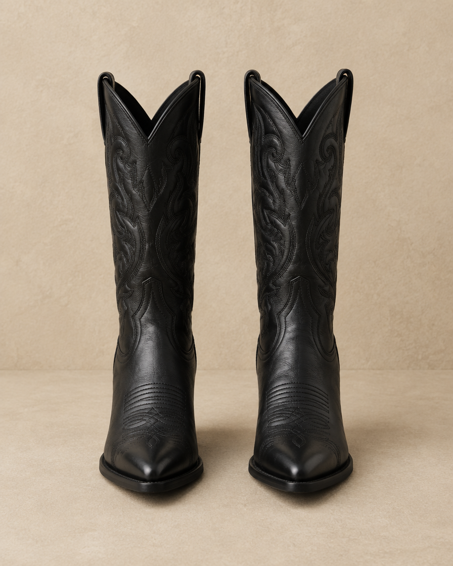 Genuine Leather Cowboy Boots with Embroidery — Black