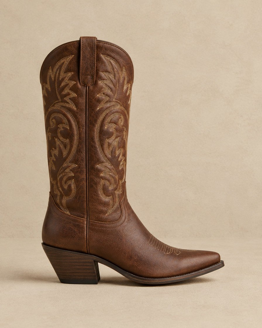 Genuine Leather Cowboy Boots with Embroidery — side profile