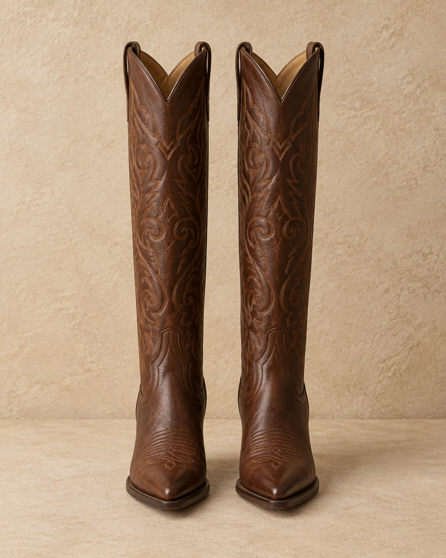 Knee-High Western Boots with Floral Embroidery — pair, front view
