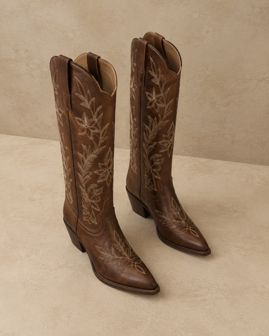 Knee-High Western Boots with Floral Embroidery — three-quarter view