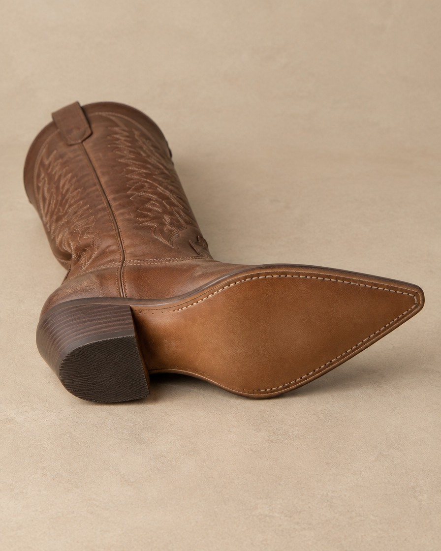 Knee-High Western Boots with Floral Embroidery — outsole and western heel