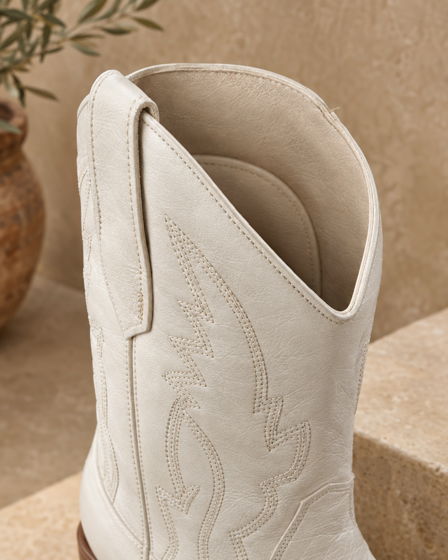 Western Boots with Cushioned Footbed and Breathable Lining — stitching and footbed detail