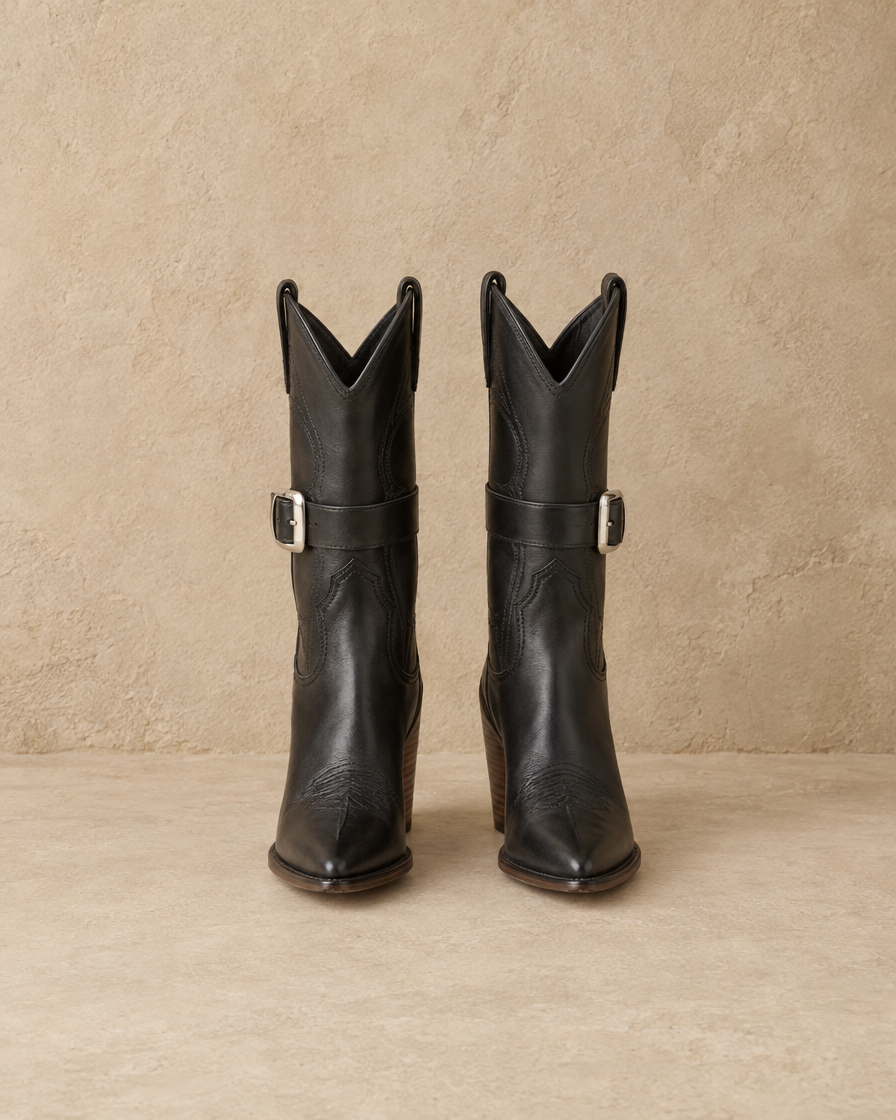 Leather Cowboy Boots with Buckle Detail — pair, front view