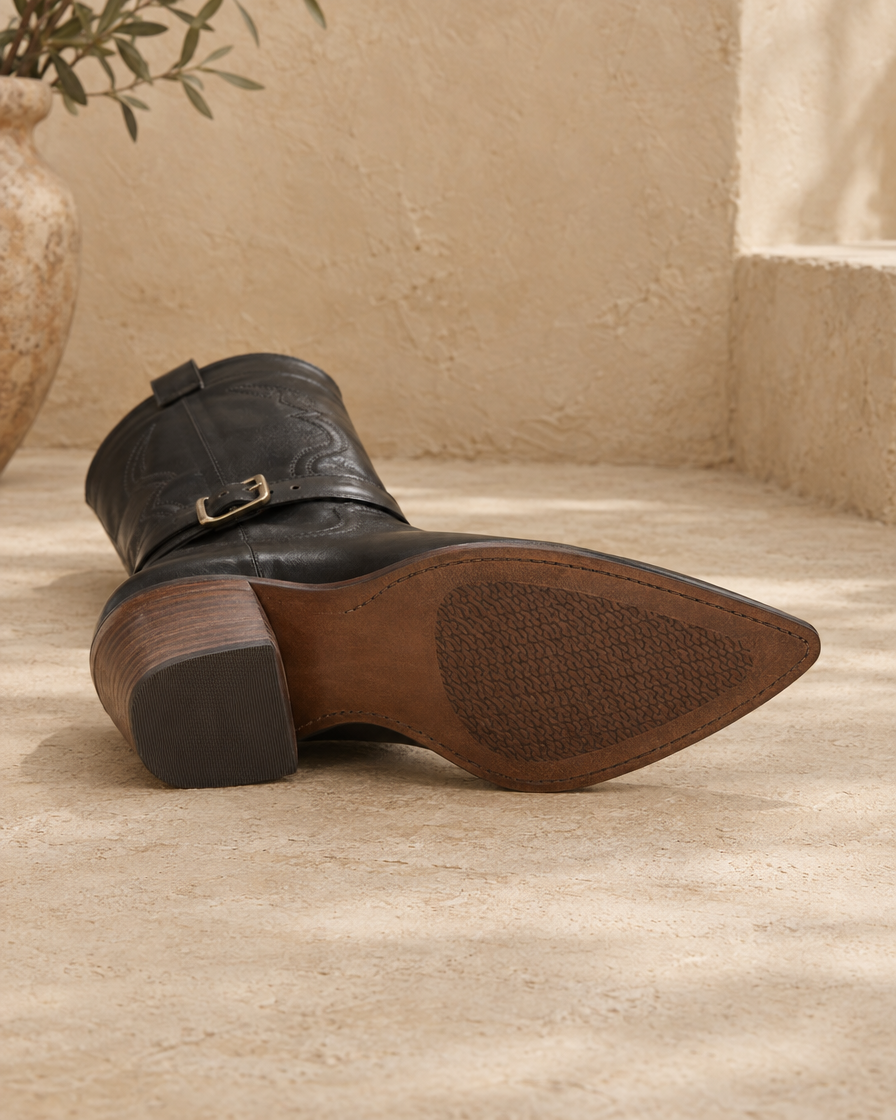 Leather Cowboy Boots with Buckle Detail — outsole and stacked heel