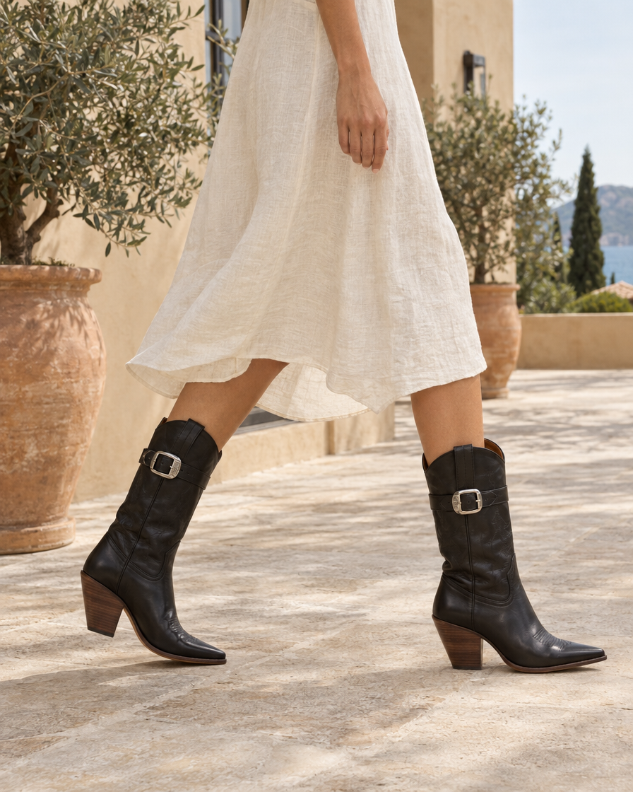 Leather Cowboy Boots with Buckle Detail — worn outdoors
