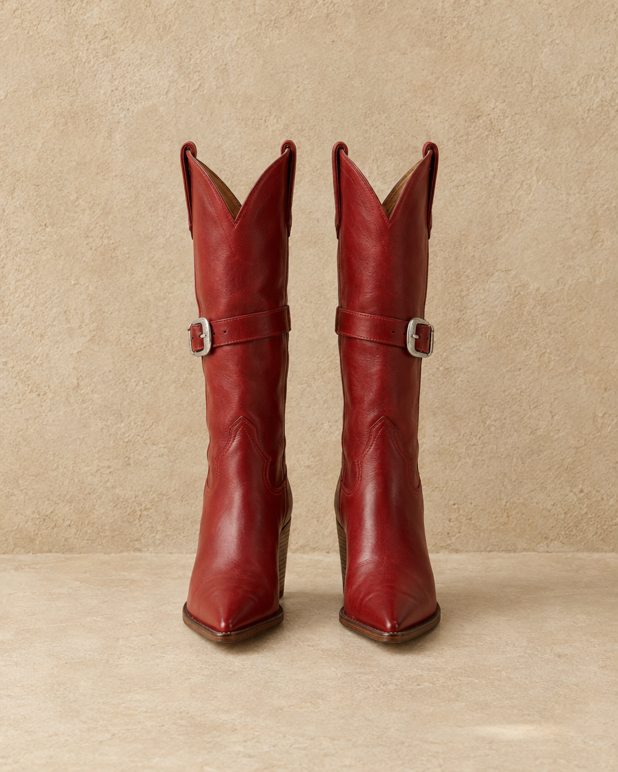 Leather Cowboy Boots with Buckle Detail — Red