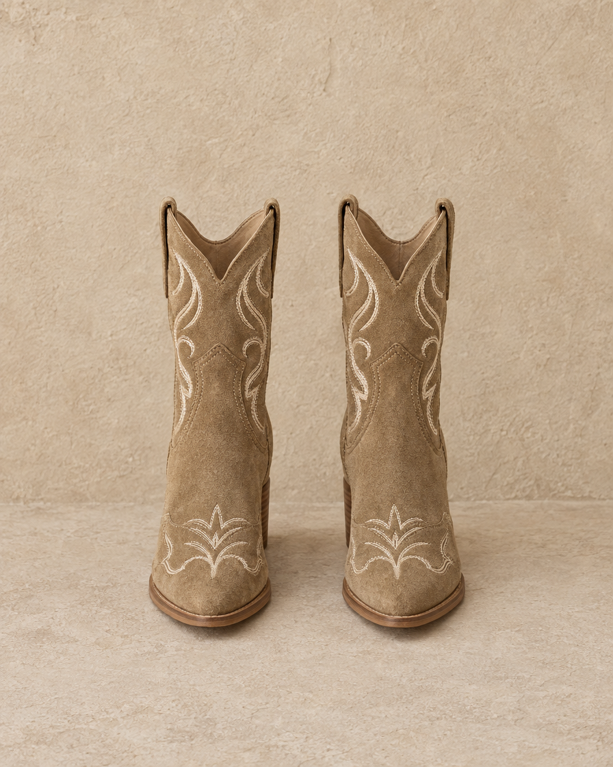 Embroidered Suede Western Ankle Boots — Khaki