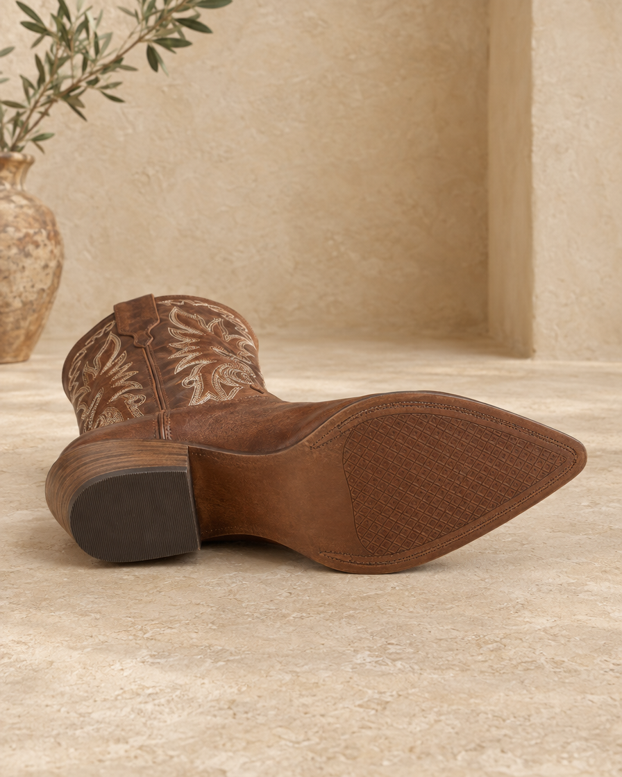 Embroidered Leather Cowboy Boots for Women — outsole and stacked heel