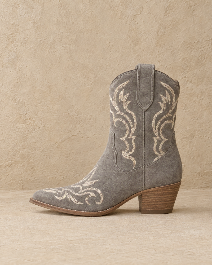 Embroidered Suede Western Ankle Boots — side profile